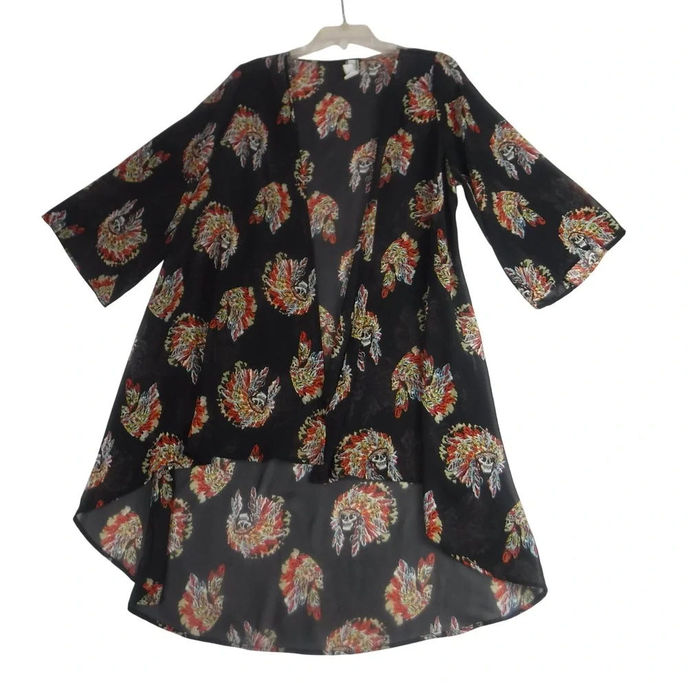 Giddy‎ Up Glamour Skull Headdress Kimono Cardigan Black High Low Sheer XL 1410